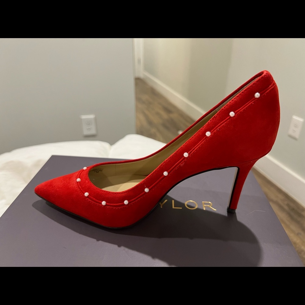 Ann Taylor red suede pumps with pearl accent. New in Box!
